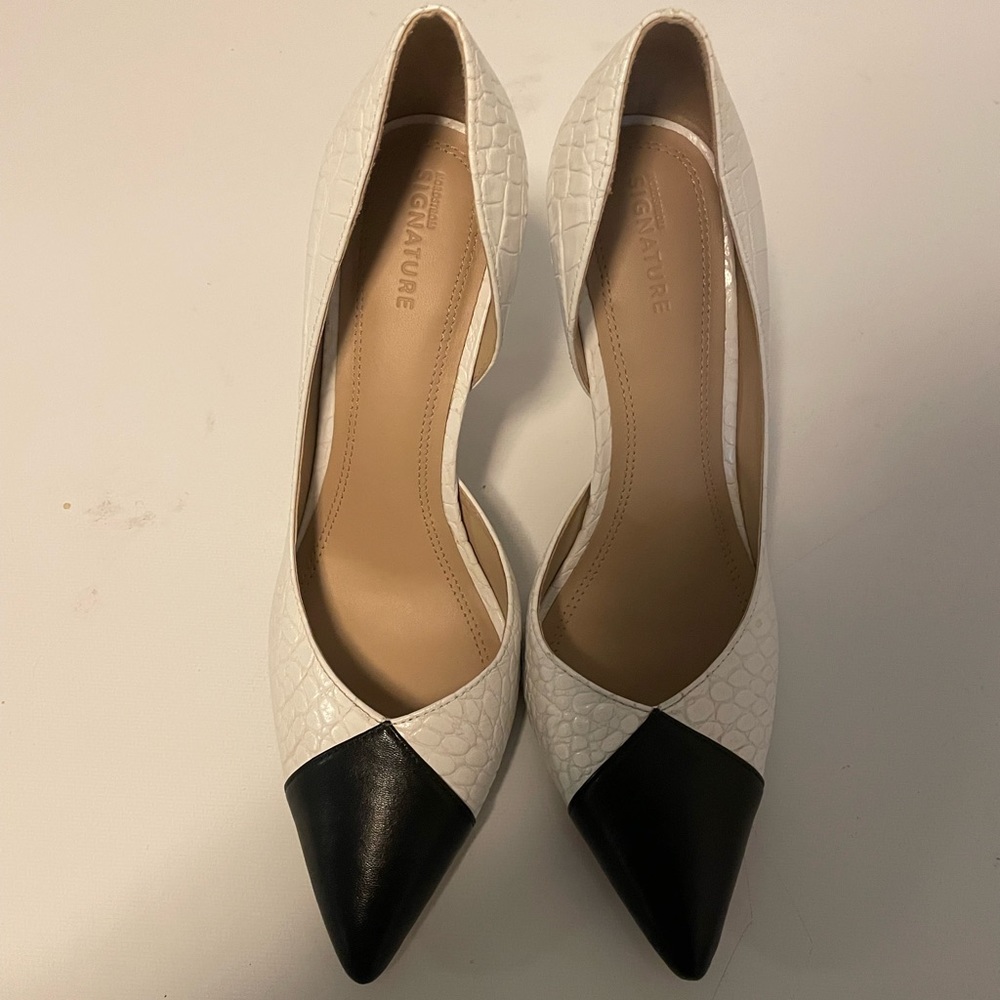 White croc embossed heels with black front